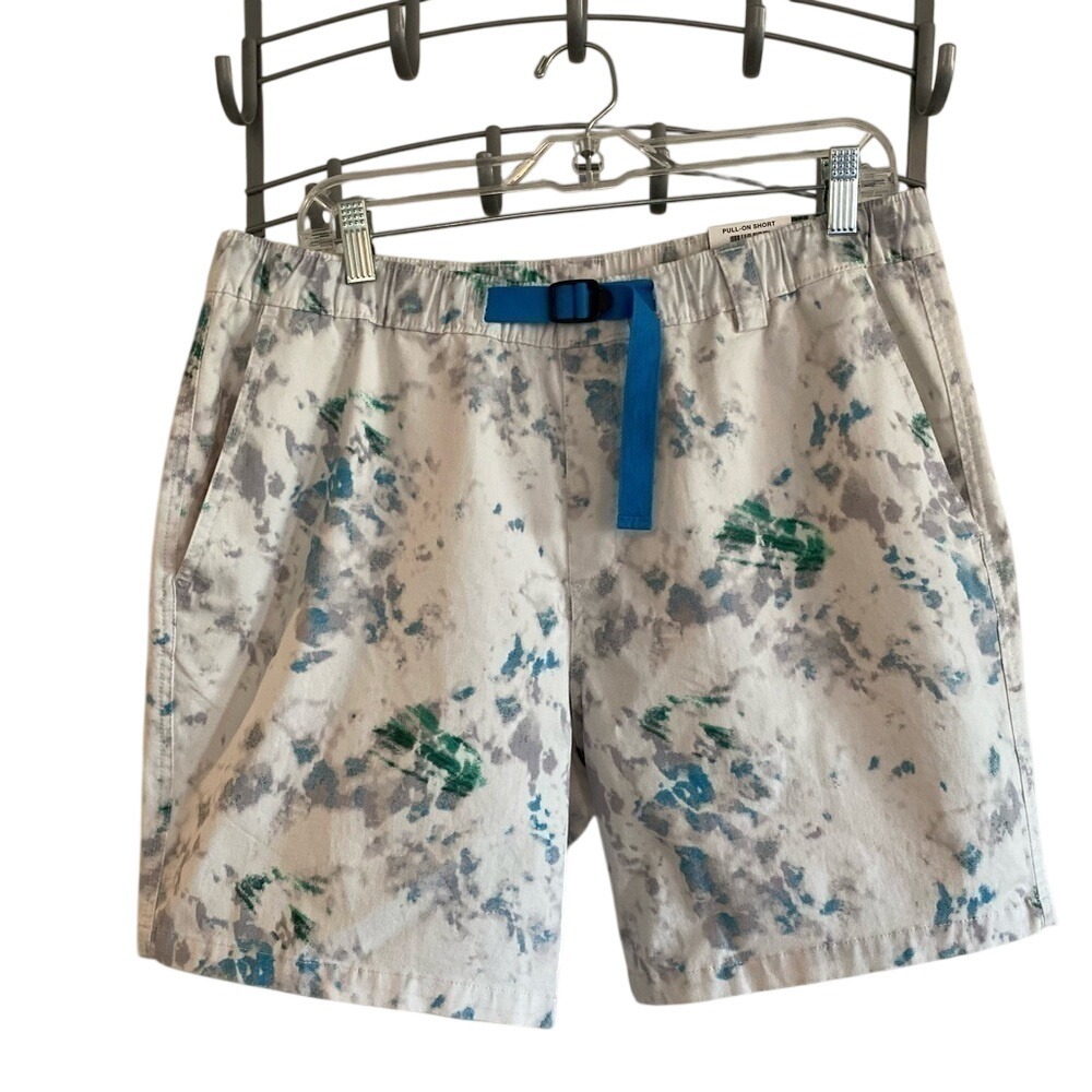 Sun + Stone Men's L Tie Dye‎ Pull On Shorts White Blue Watercolor Beach NWT